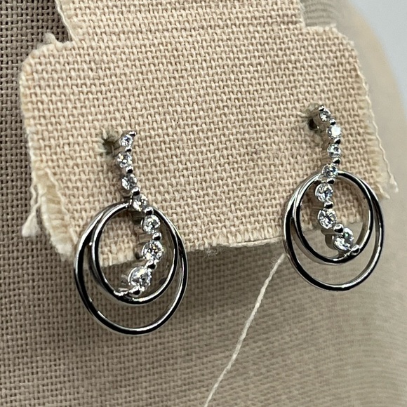 Vintage Sterling Silver Double Hoop Earrings with CZ Accents, Rhodium Plated - Picture 4 of 15